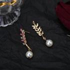 Pearl Drop Rhinestone Fern Earrings Ae1117 - Pink & White - One Size