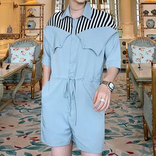 Elbow-sleeve Striped Panel Playsuit