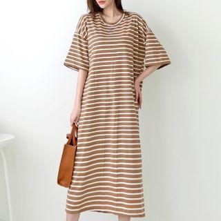 Elbow-sleeve Stripe Long T-shirt Dress