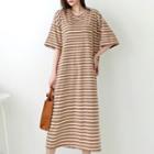 Elbow-sleeve Stripe Long T-shirt Dress