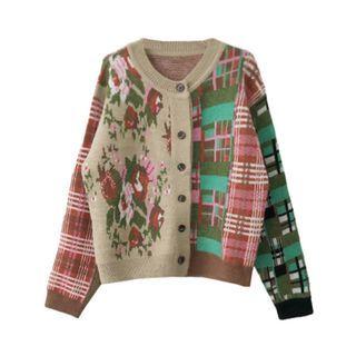 Plaid Floral Panel Cardigan Khaki - One Size