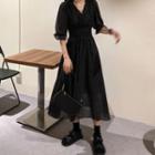 Short-sleeve Dotted Chiffon Dress Black - One Size