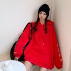 Chinese Character Embroidered Hoodie Red - One Size