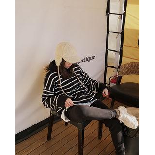 Drop-shoulder Stripe Knit Hoodie Black - One Size