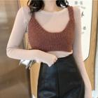 Plain Long-sleeve Top / Cropped Knit Vest