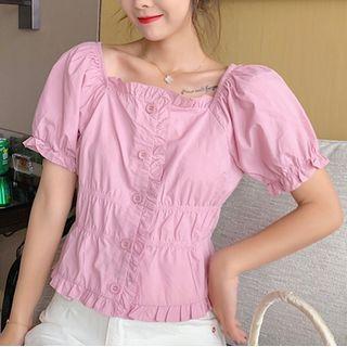 Puff-sleeve Ruffled Button-up Top