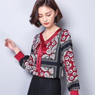 Print Long-sleeve V-neck Chiffon Top
