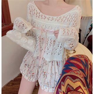 Open Knit Top / Floral Printed Shorts