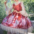 Long-sleeve Lace Trim Mandarin Collar Blouse / Printed Ruffled Lolita Jumper Skirt