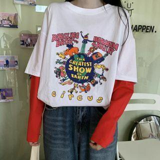 Two Tone Long Sleeve Mock Two Piece Printed Top