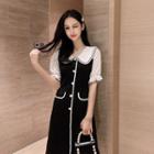 Elbow-sleeve Frill Trim Color Block Buttoned A-line Dress