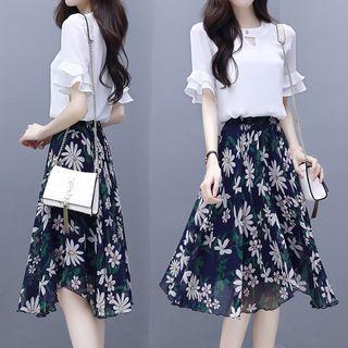 Set: Short-sleeve Top + Flower Print A-line Skirt