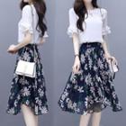 Set: Short-sleeve Top + Flower Print A-line Skirt