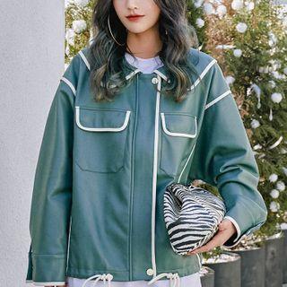 Contrast Trim Faux Leather Zip-up Jacket