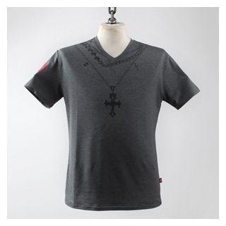 V-neck Short-sleeve Cross Print Slim-fit T-shirt