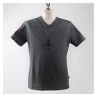 V-neck Short-sleeve Cross Print Slim-fit T-shirt