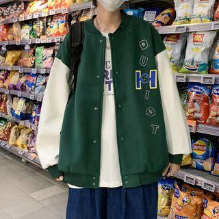 Lettering Faux Leather Panel Baseball Jacket