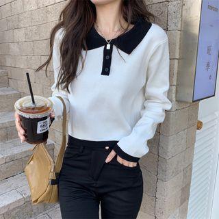 Long-sleeve Two-tone Polo Sweater