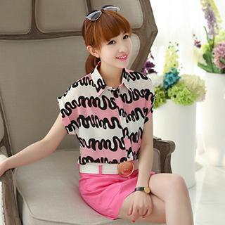 Set: Short-sleeve Printed Blouse + Pocket-accent Culottes