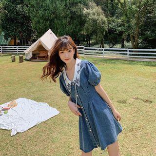 Puff-sleeve Collared Denim Dress