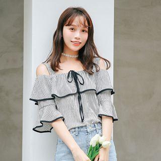 3/4-sleeve Striped Ruffled Cutout Top