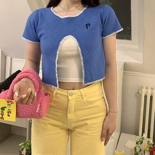 Short-sleeve Letter Embroidered Front-slit Knit Top