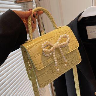 Faux Pearl Ribbon Croc Grain Faux Leather Crossbody Bag