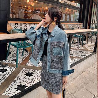 Set: Tweed Panel Denim Jacket + Mini Tweed Skirt