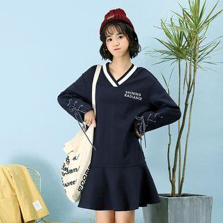 V-neck Lace-up Sleeve A-line Dress