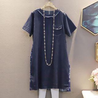 Short-sleeve Round-neck Frayed   Panel Print Denim Dress Blue - One Size