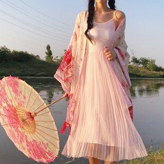Spaghetti Strap Pleated Midi Dress / Print Light Jacket / Corset / Set