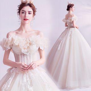Lace-up Back Off-shoulder Mesh Wedding Ball Gown