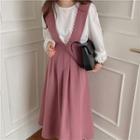Puff-sleeve Blouse / Faux Pearl Overall Dress