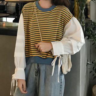 Tie-cuff Paneled Striped Cropped Pullover