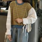 Tie-cuff Paneled Striped Cropped Pullover