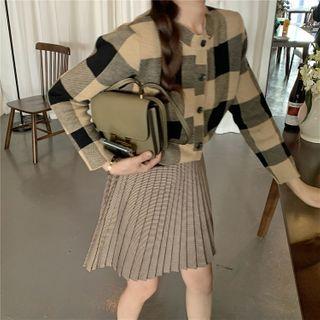 Plaid Button-up Knit Top / Pleated Mini Skirt