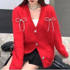 Glitter Bow-accent Cardigan Red - One Size