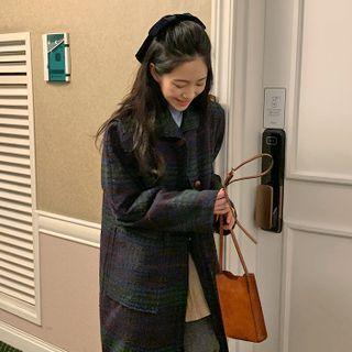 Puff-sleeve Plaid Long Coat Green - One Size