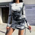 Long-sleeve Tie-dyed Drawstring Sheath Dress