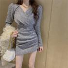 Long-sleeve V-neck Plain Mini Sheath Dress Melange Gray - One Size