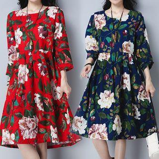 3/4-sleve Floral Print A-line Dress