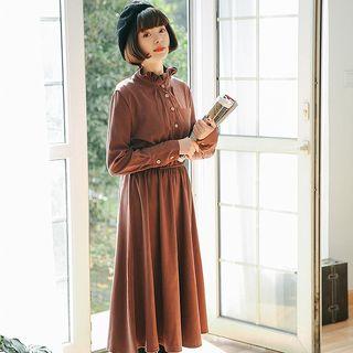 Frilled Neck Long-sleeve A-line Midi Dress