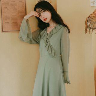 Ruffle Trim V-neck Chiffon Dress