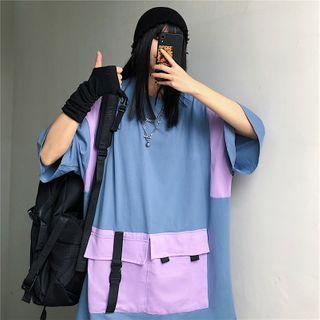 Elbow-sleeve Paneled T-shirt Blue - One Size