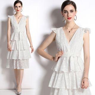 Sleeveless Embroidered Tiered Midi A-line Dress