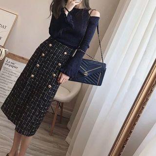 Set: Cold-shoulder Ruffled Hem Knit Top + Double-breasted Plaid Midi A-line Skirt