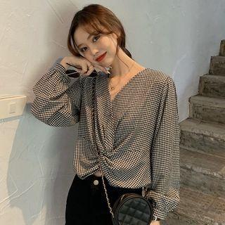 Twist-front Long-sleeve Gingham Blouse