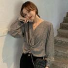 Twist-front Long-sleeve Gingham Blouse