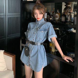 Short-sleeve Denim Mini Shirtdress With Belt Blue - One Size