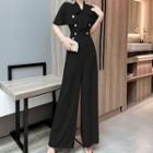 Short-sleeve Double-breasted Wide Leg Jumpsuit